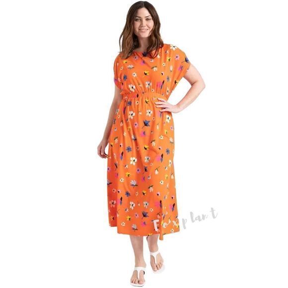 NEW Eloquii orange floral‎ print Dropped Sleeve midi Dress, 22/24 - Picture 1 of 16